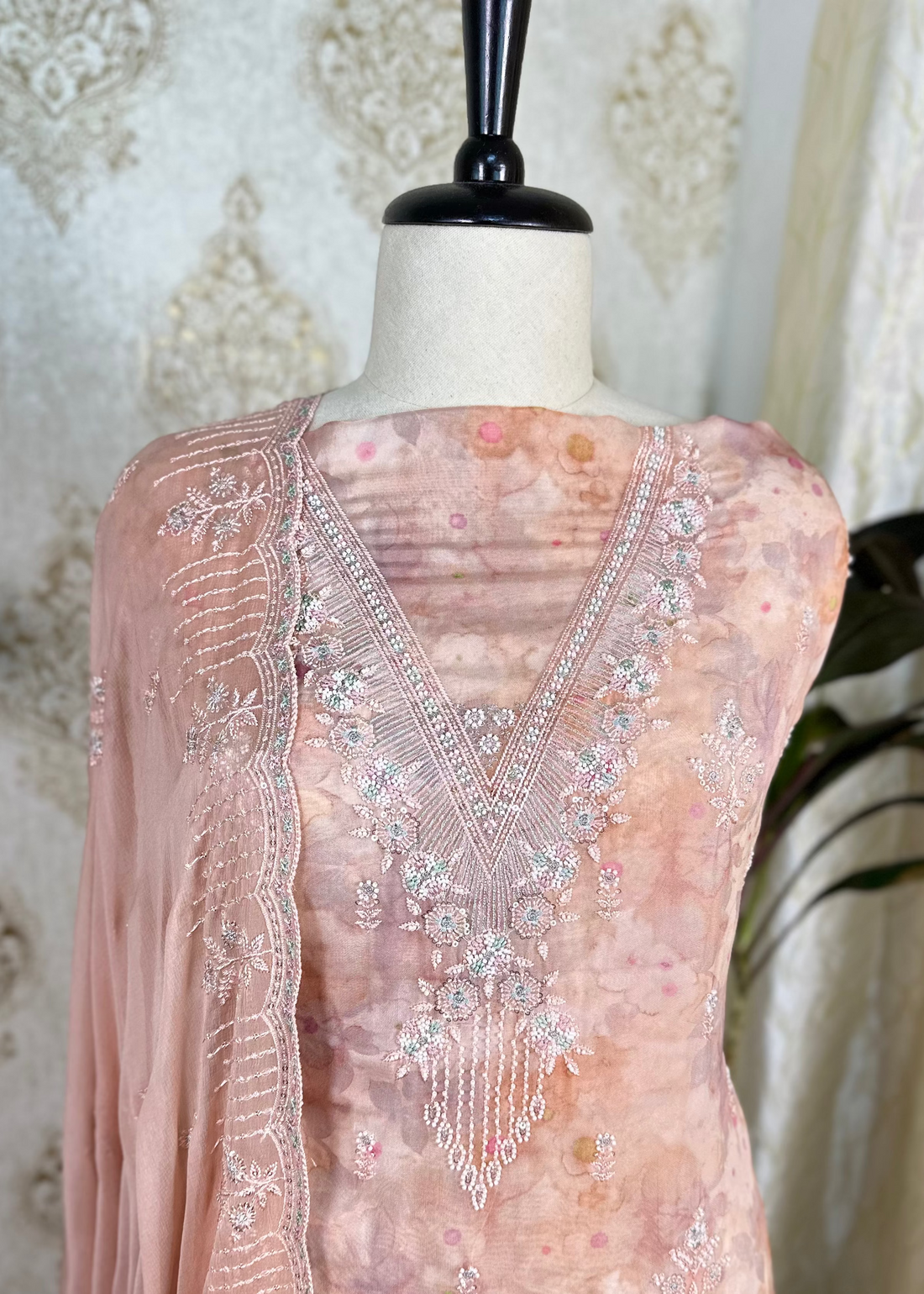 Peach Chiffon Dress Material With Hand Embroidery