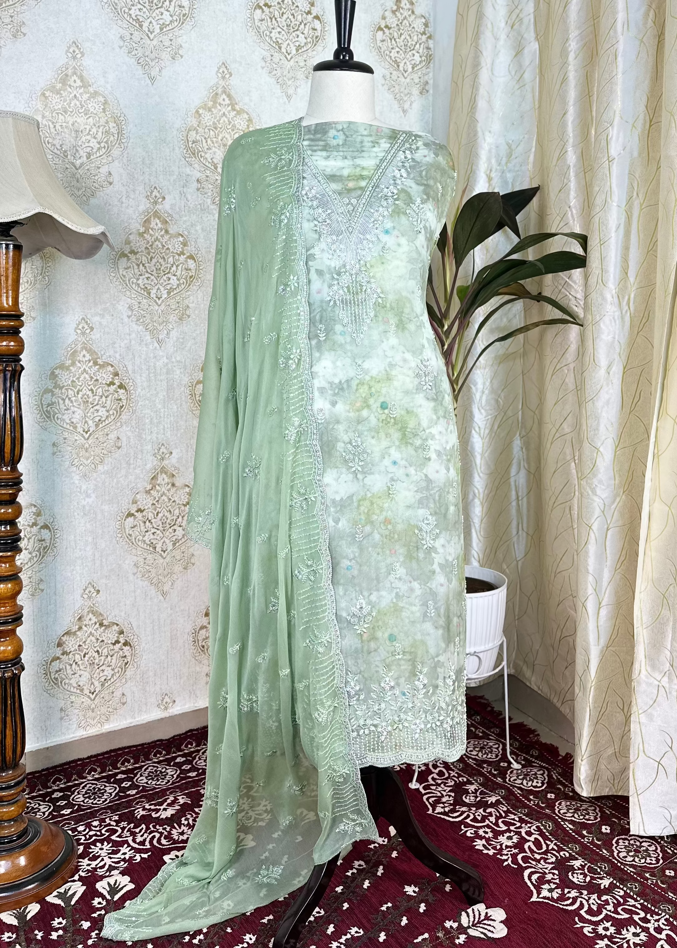 Green Chiffon Dress Material With Hand Embroidery