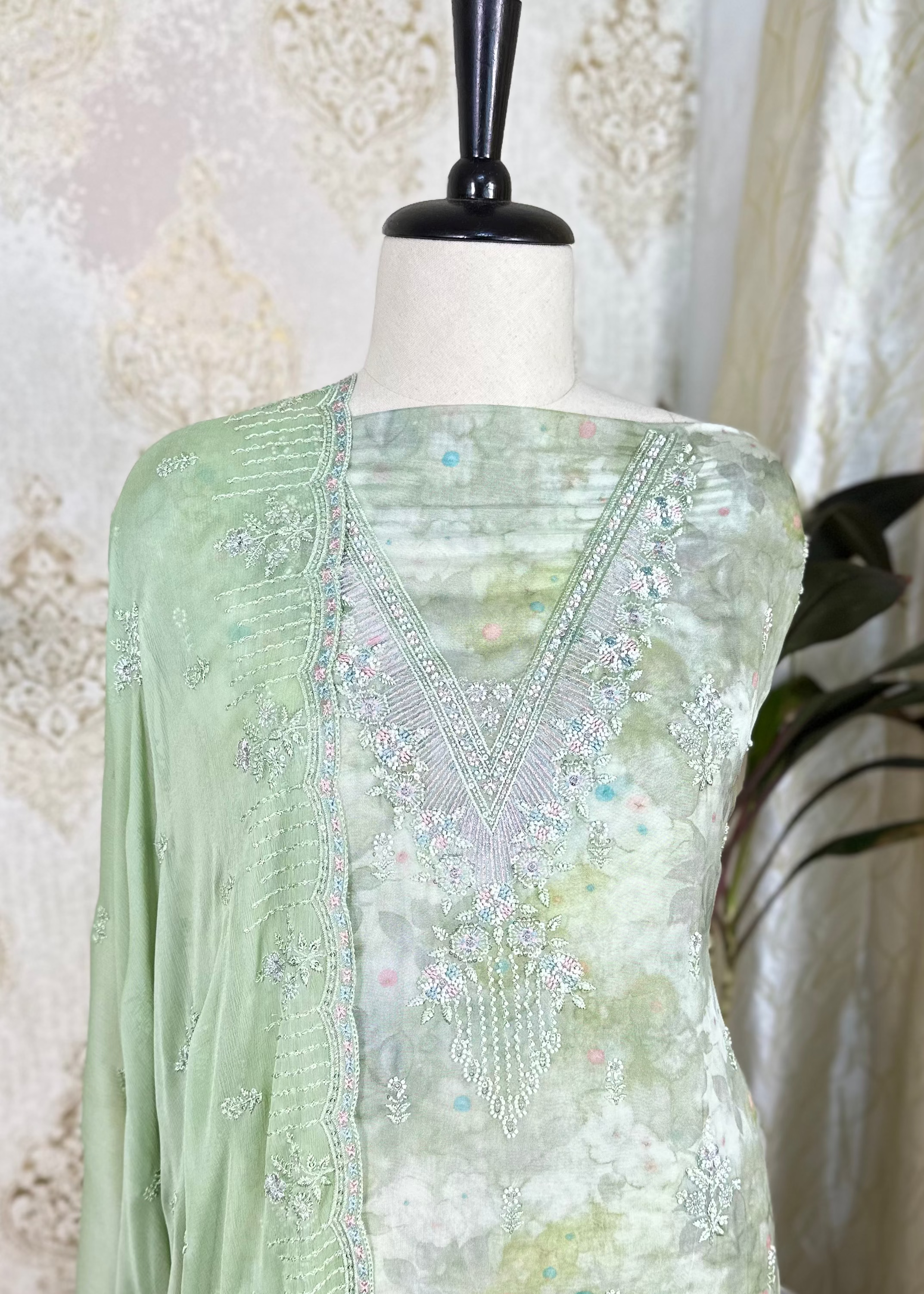 Green Chiffon Dress Material With Hand Embroidery
