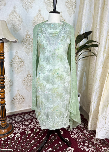 Green Chiffon Dress Material With Hand Embroidery