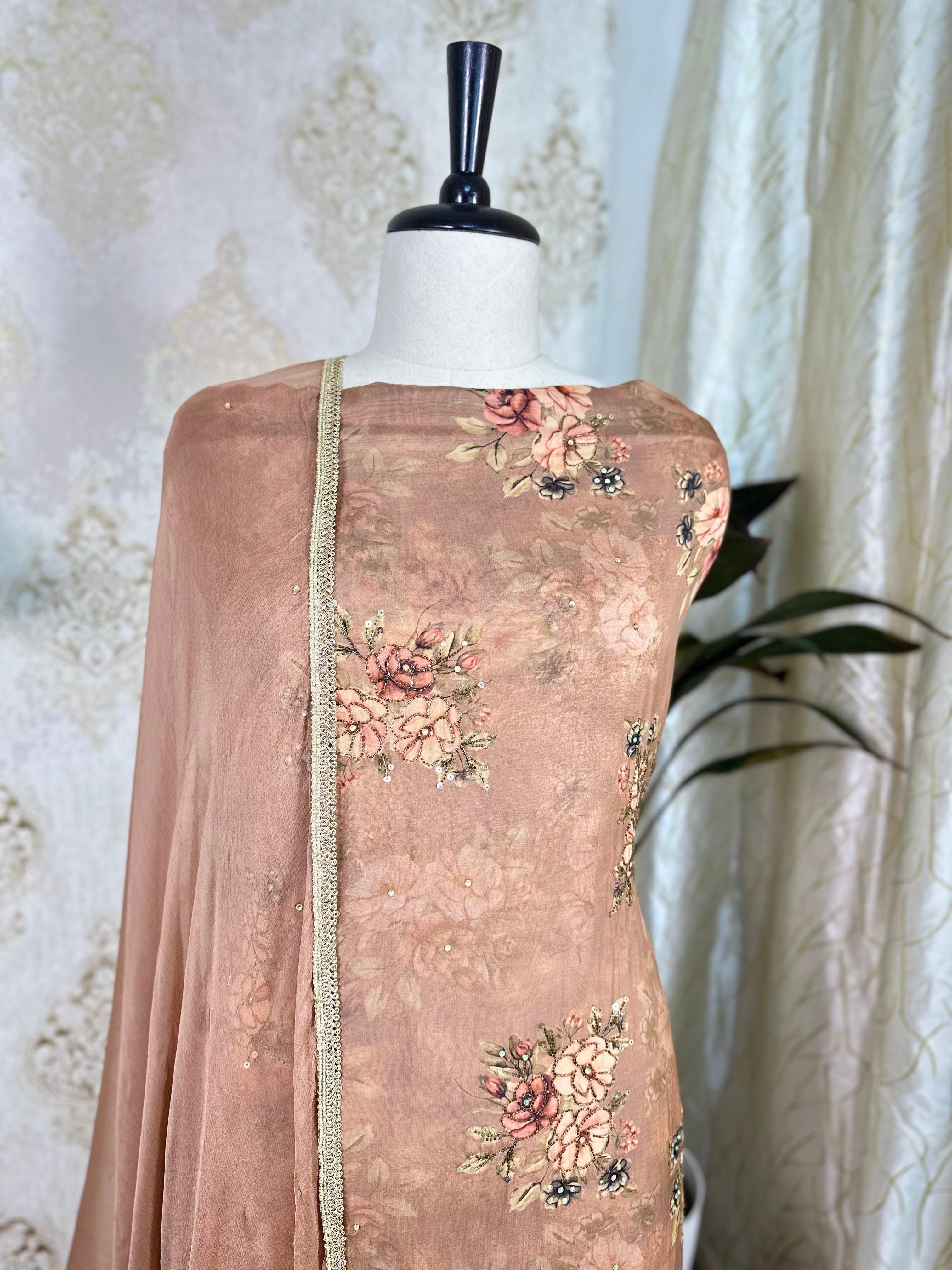 Brown Soft Organza Hand-Work Designer Dress Material