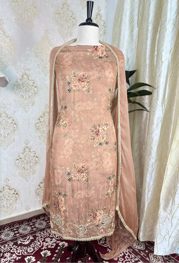 Brown Soft Organza Hand-Work Designer Dress Material