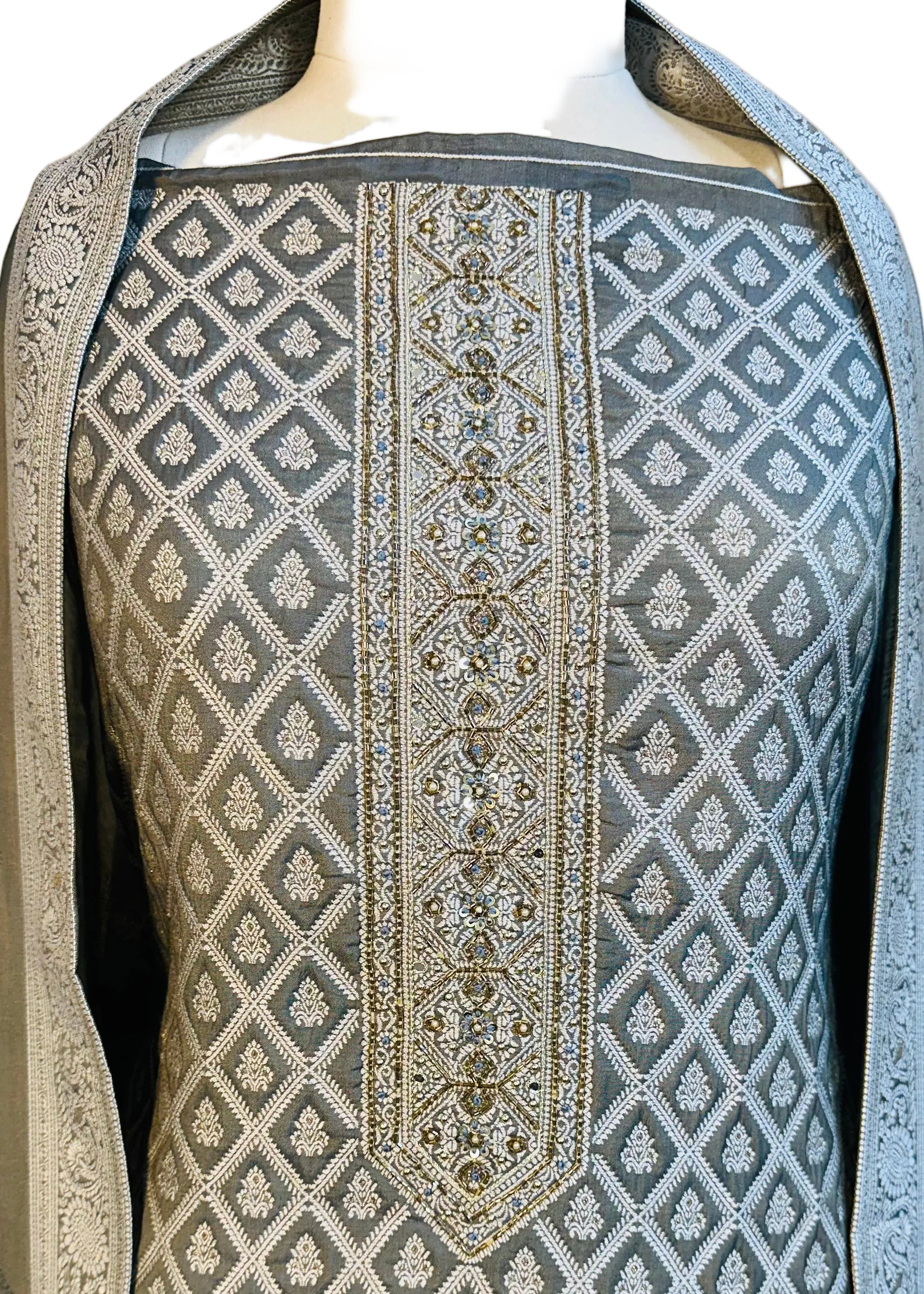 Grey Green Cotton Silk Dress Material