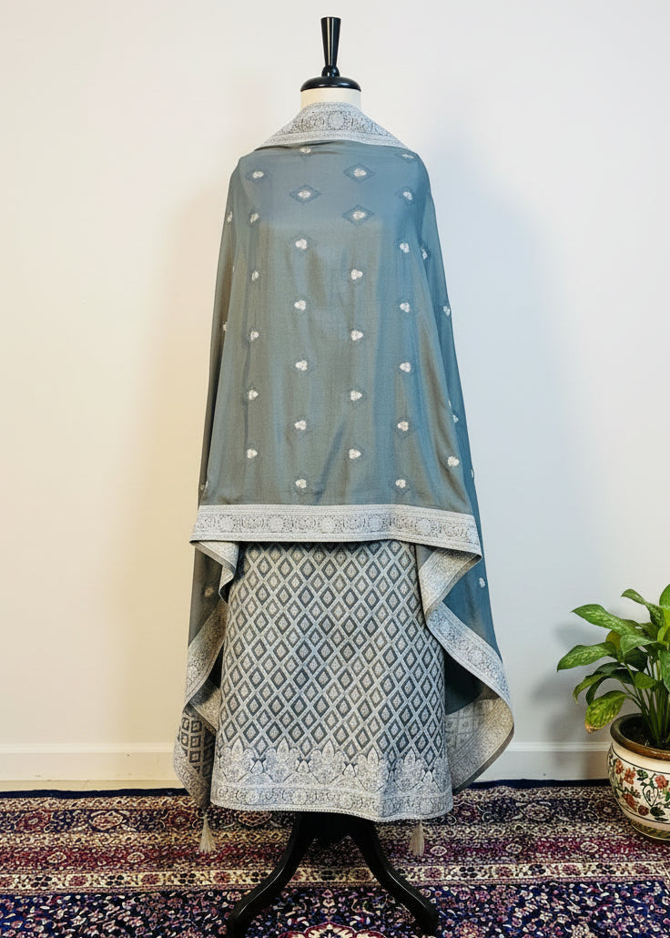 Grey Green Cotton Silk Dress Material