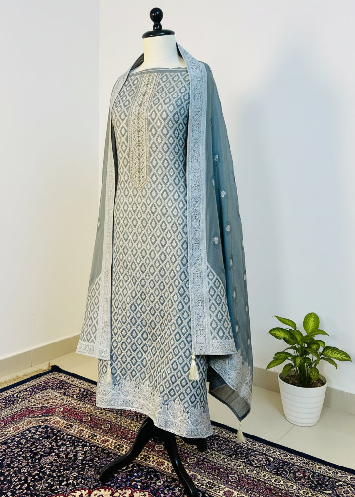 Grey Green Cotton Silk Dress Material