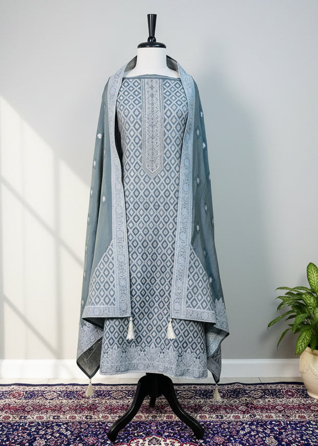 Grey Green Cotton Silk Dress Material