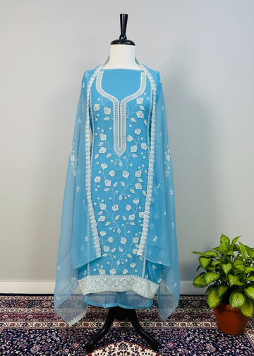 Blue Chiffon Dress Material with Floral Thread & Sequin Work