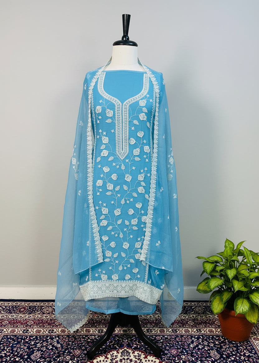 Blue Chiffon Dress Material with Floral Thread & Sequin Work