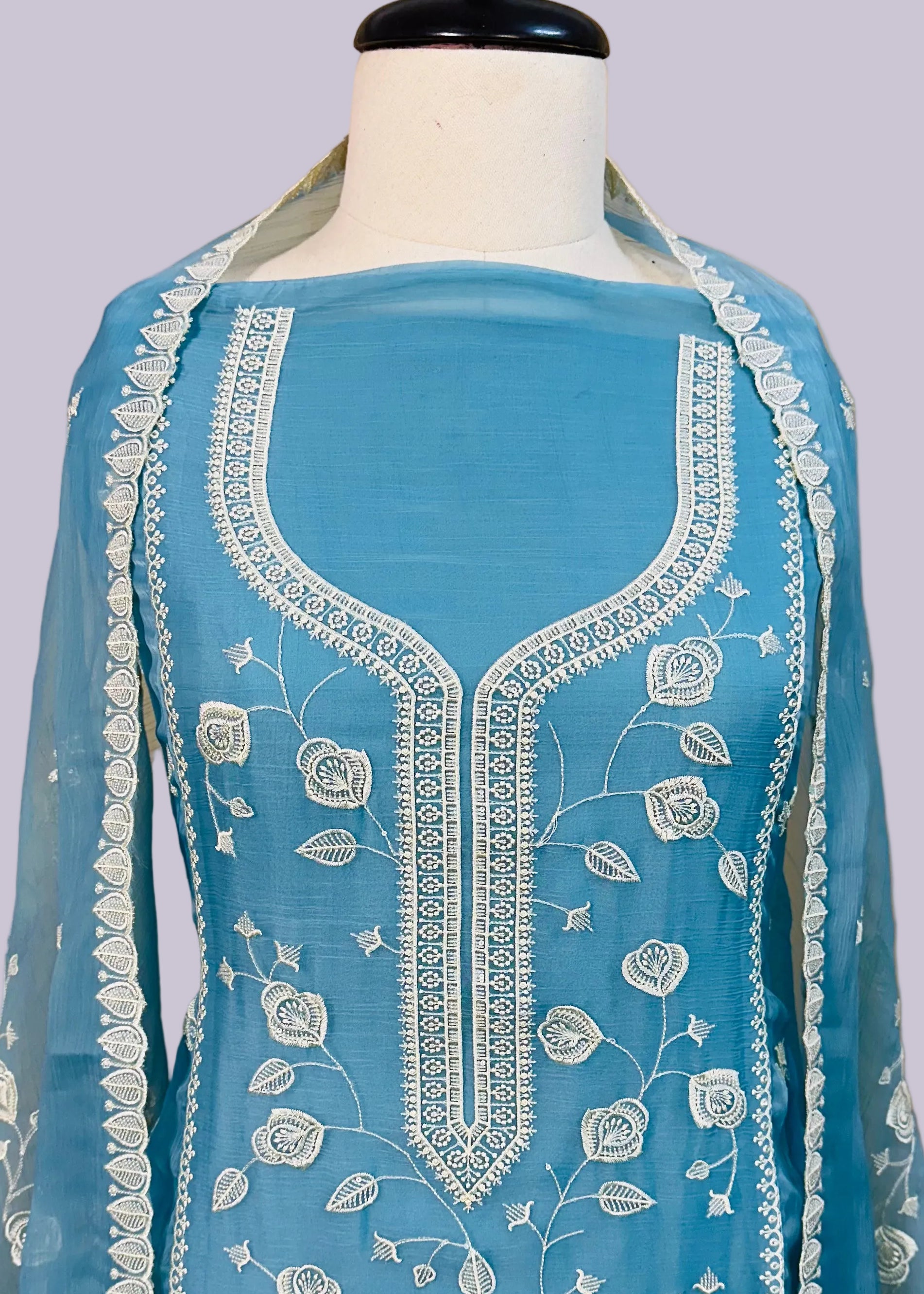 Blue Chiffon Dress Material with Floral Thread & Sequin Work