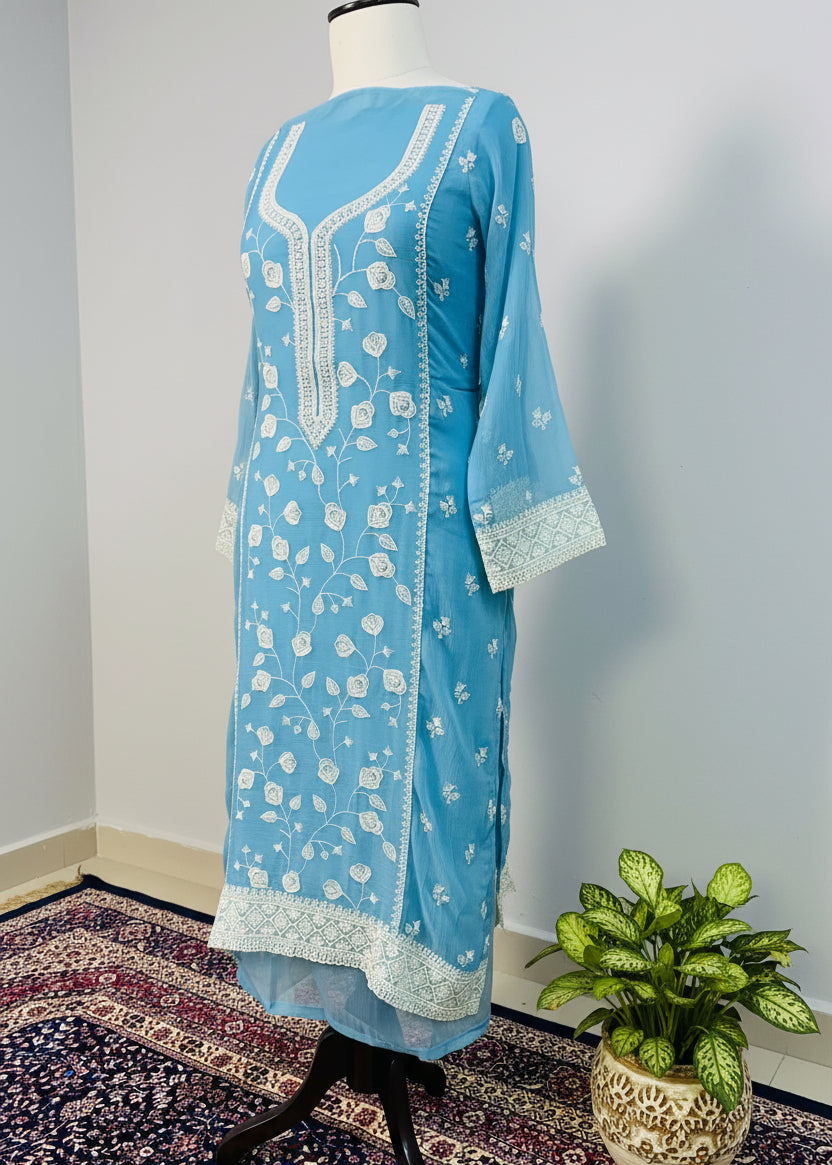 Blue Chiffon Dress Material with Floral Thread & Sequin Work