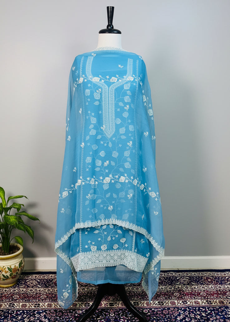 Blue Chiffon Dress Material with Floral Thread & Sequin Work