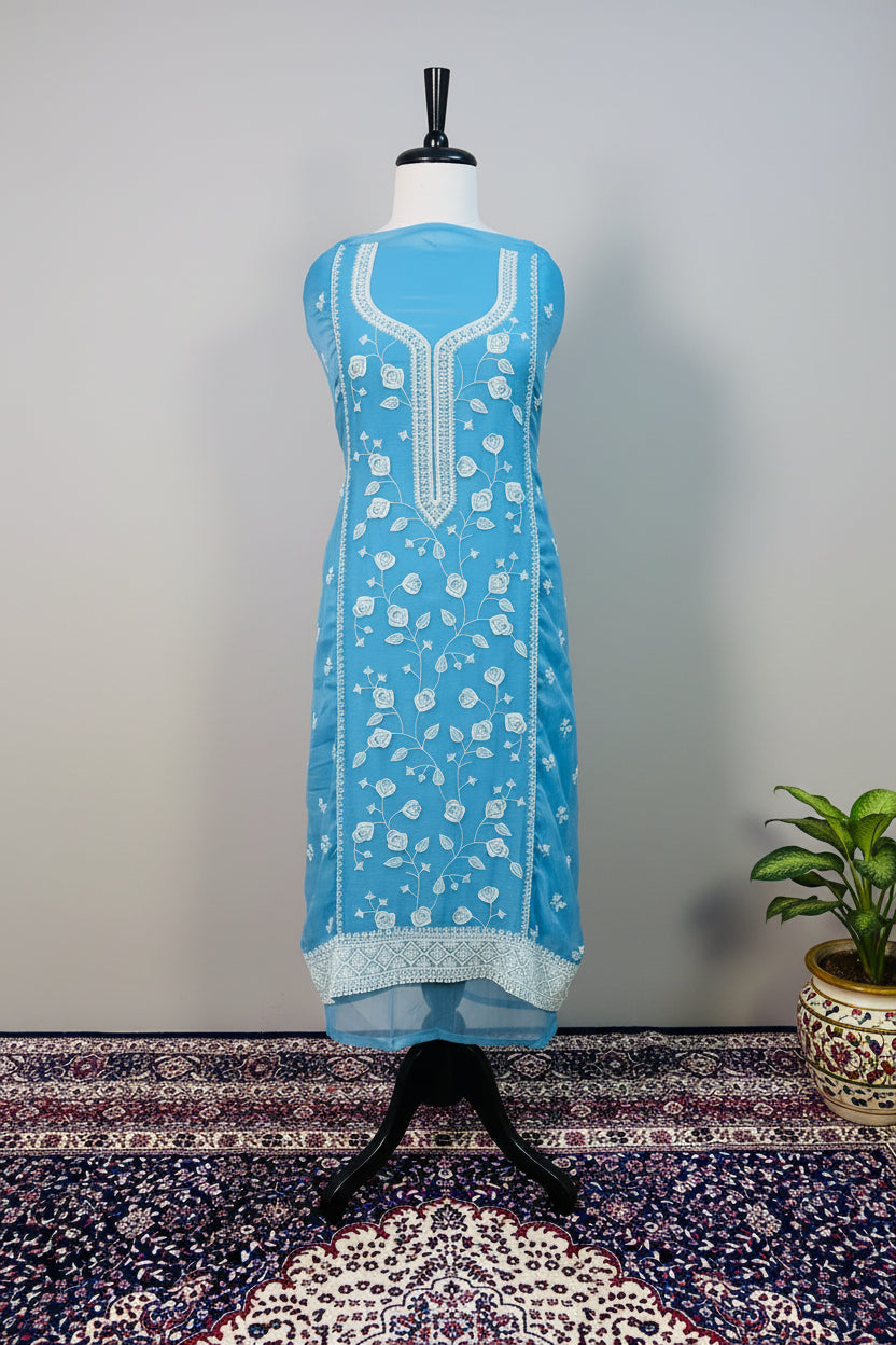 Blue Chiffon Dress Material with Floral Thread & Sequin Work