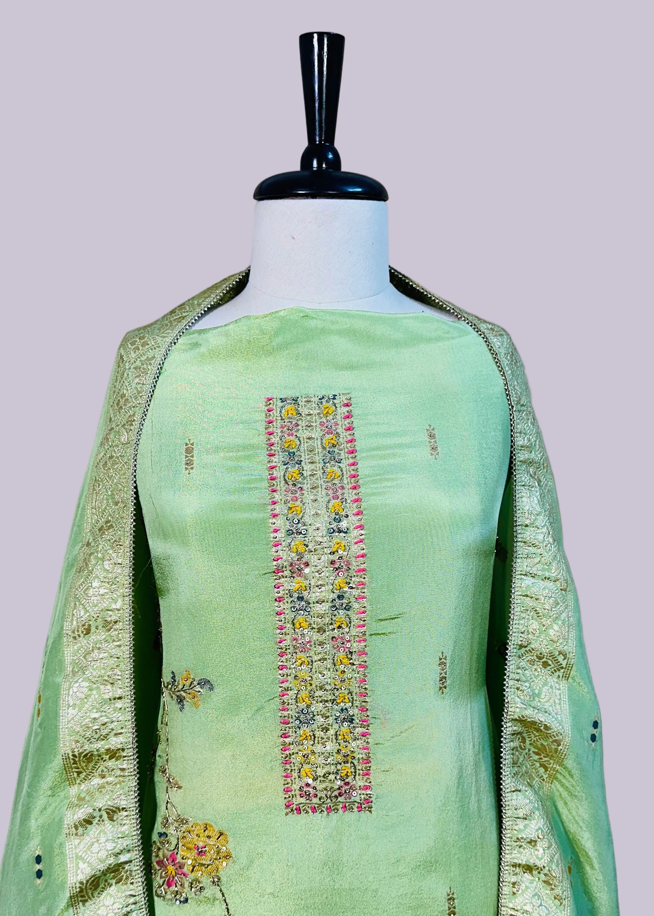 Green Semi-Crepe Shimmer Dress Material with Elegant Hand Embroidery