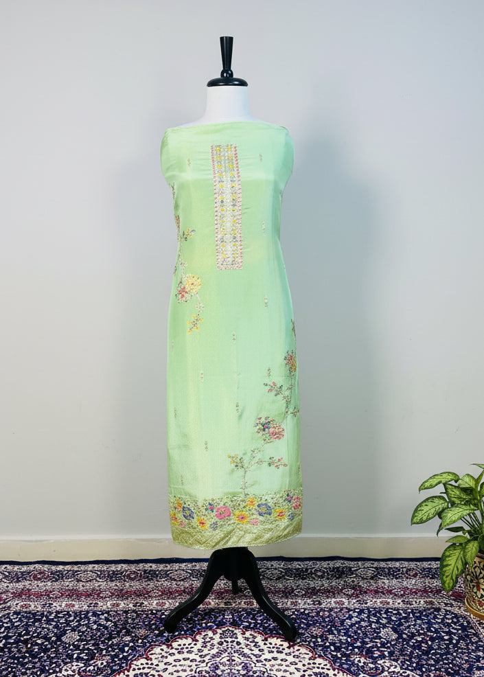 Green Semi-Crepe Shimmer Dress Material with Elegant Hand Embroidery