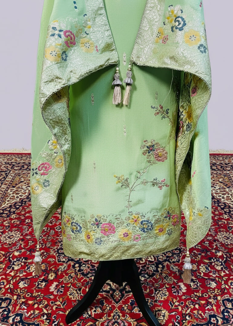 Green Semi-Crepe Shimmer Dress Material with Elegant Hand Embroidery