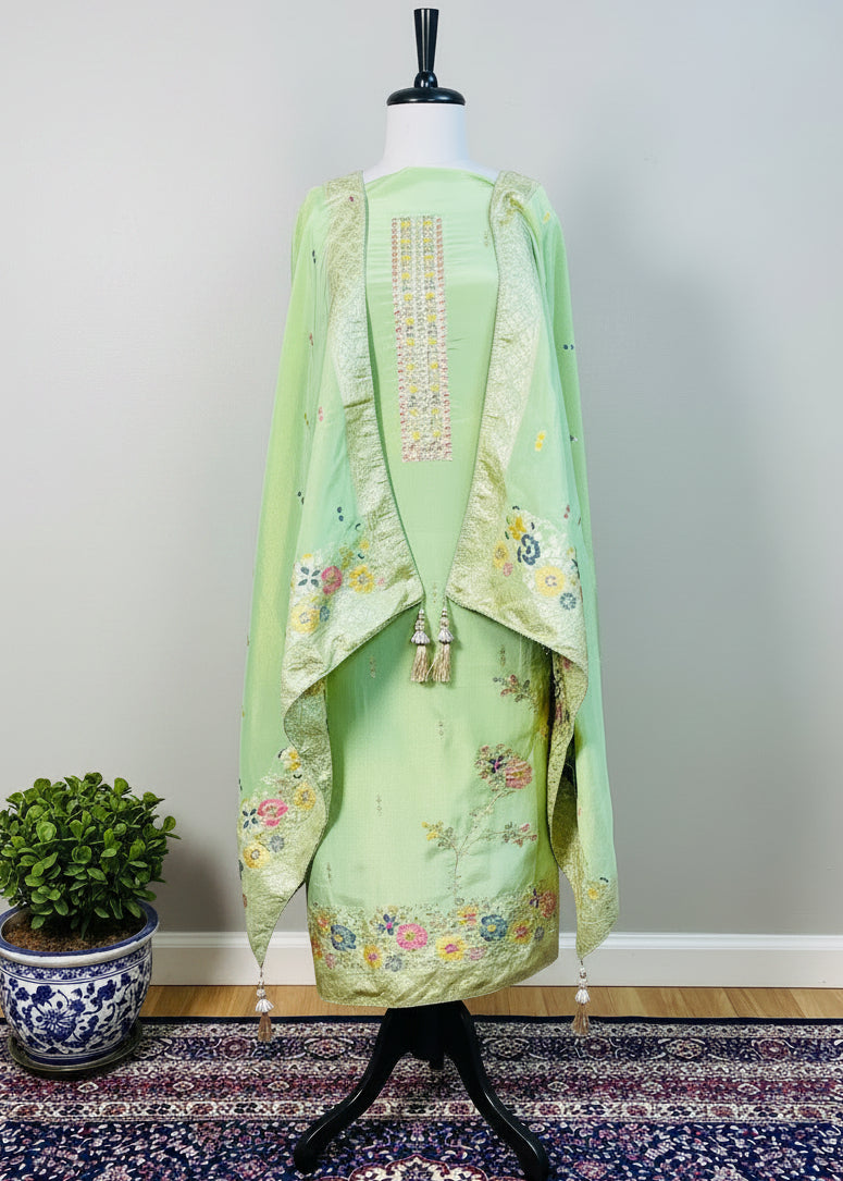 Green Semi-Crepe Shimmer Dress Material with Elegant Hand Embroidery