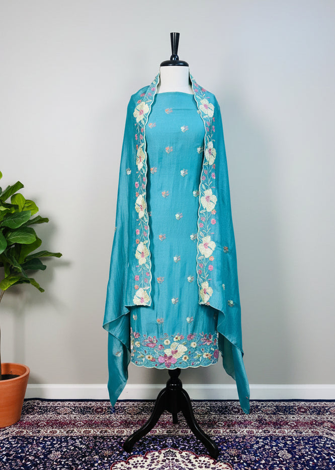 Turquoise Semi-Crepe Dress Material with Floral Thread & Sequin Work