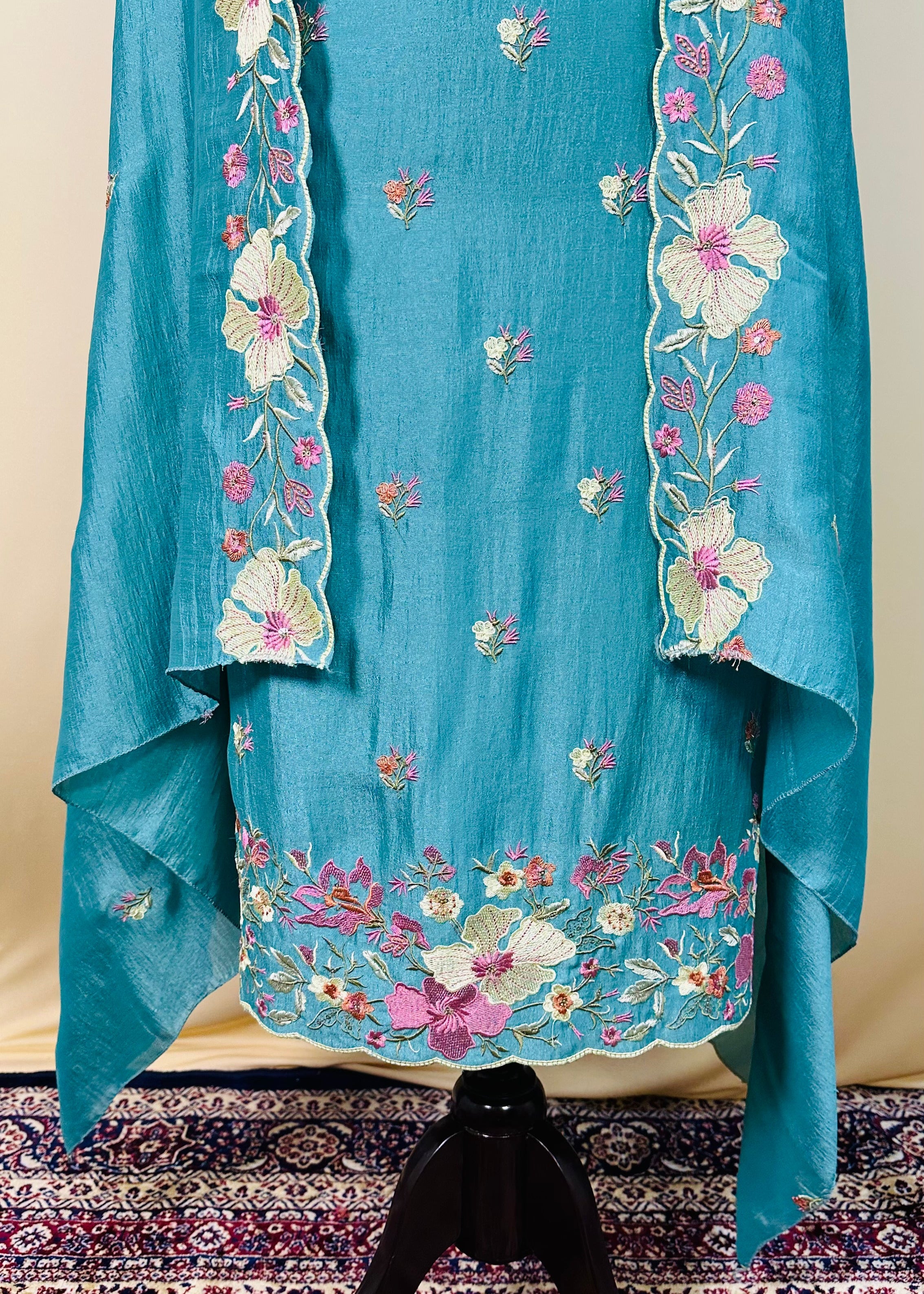 Turquoise Semi-Crepe Dress Material with Floral Thread & Sequin Work