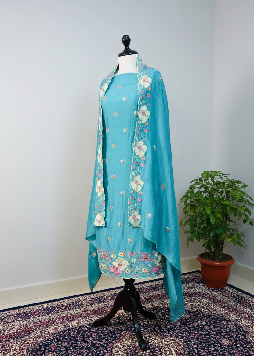 Turquoise Semi-Crepe Dress Material with Floral Thread & Sequin Work