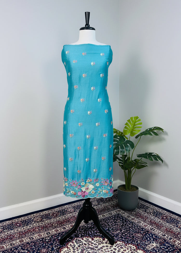 Turquoise Semi-Crepe Dress Material with Floral Thread & Sequin Work