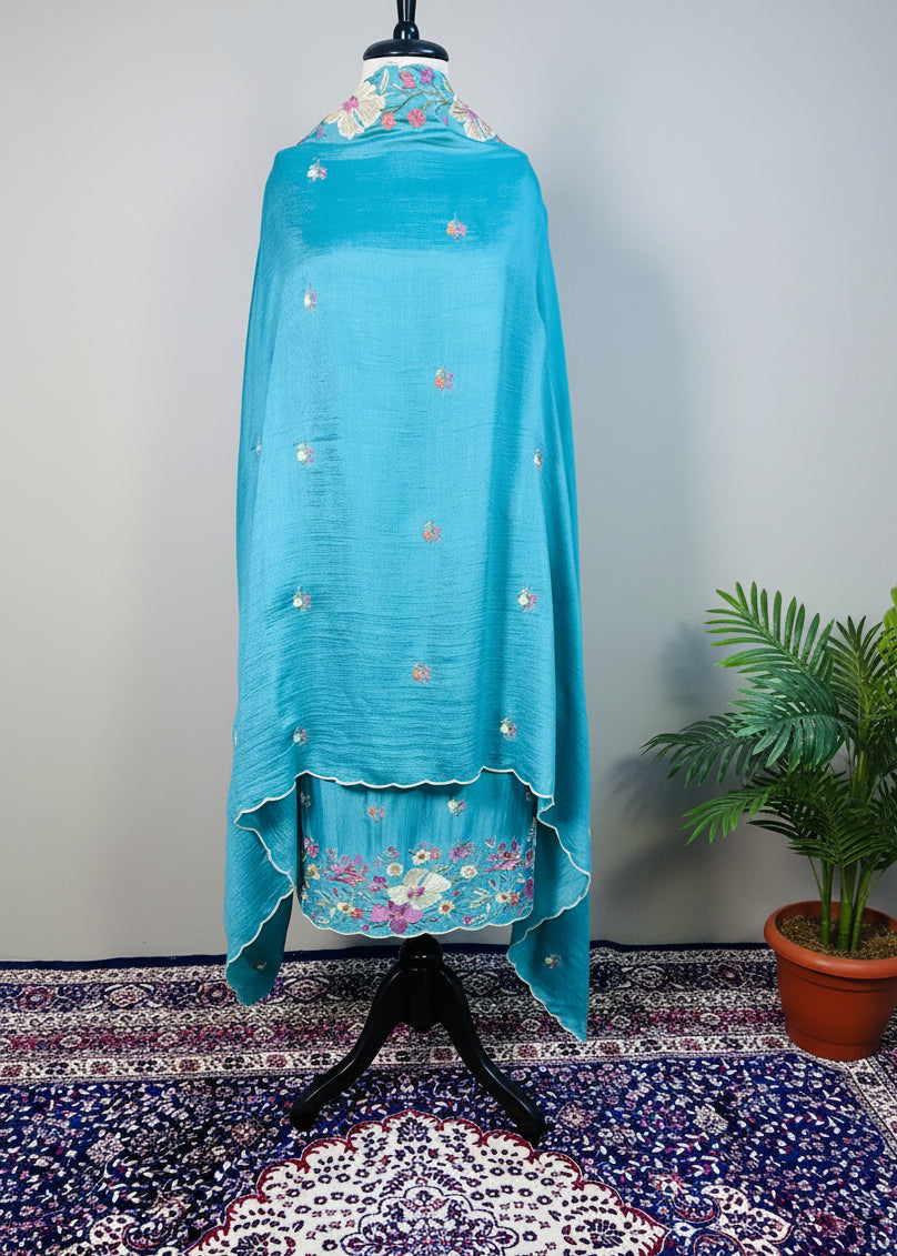 Turquoise Semi-Crepe Dress Material with Floral Thread & Sequin Work