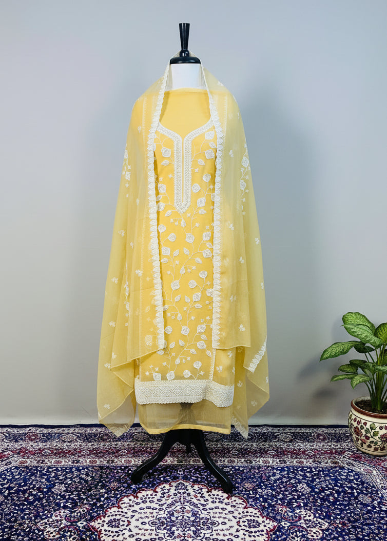 Yellow Chiffon Dress Material with Floral Thread & Sequin Work