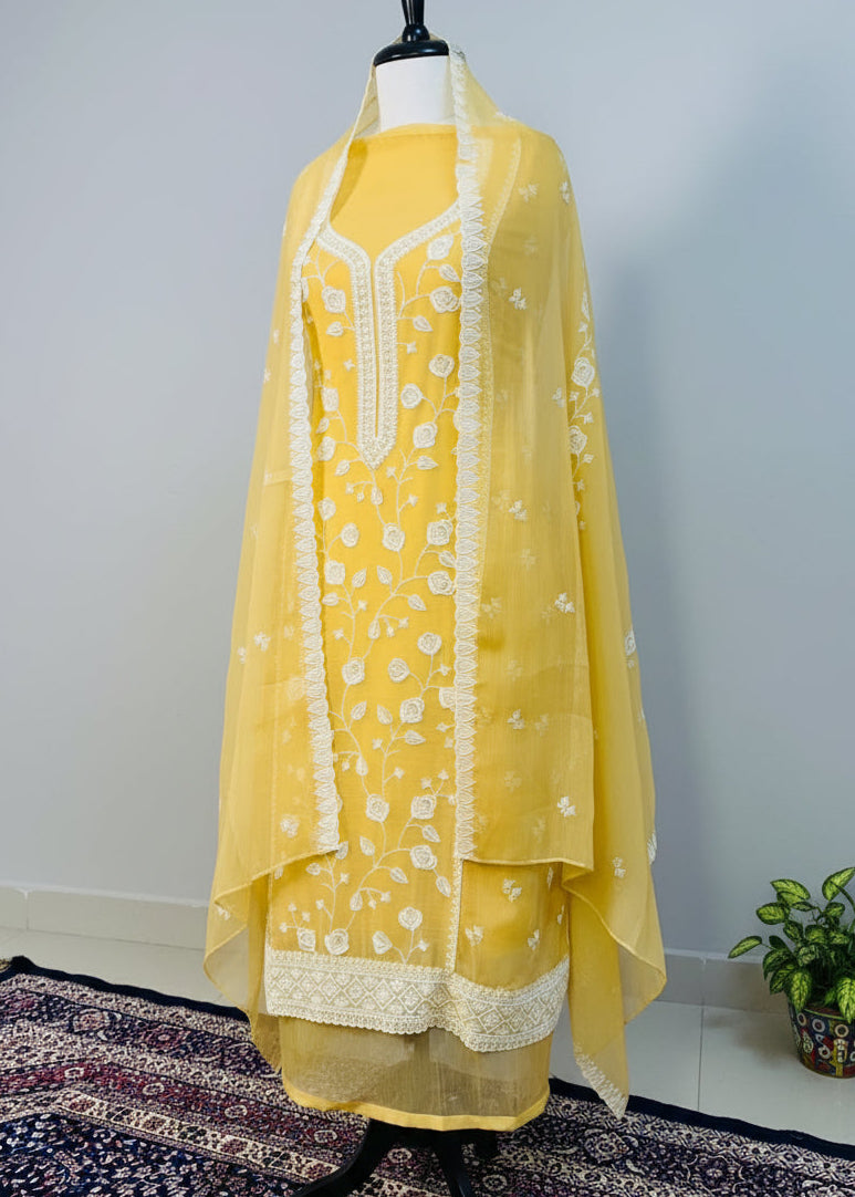 Yellow Chiffon Dress Material with Floral Thread & Sequin Work