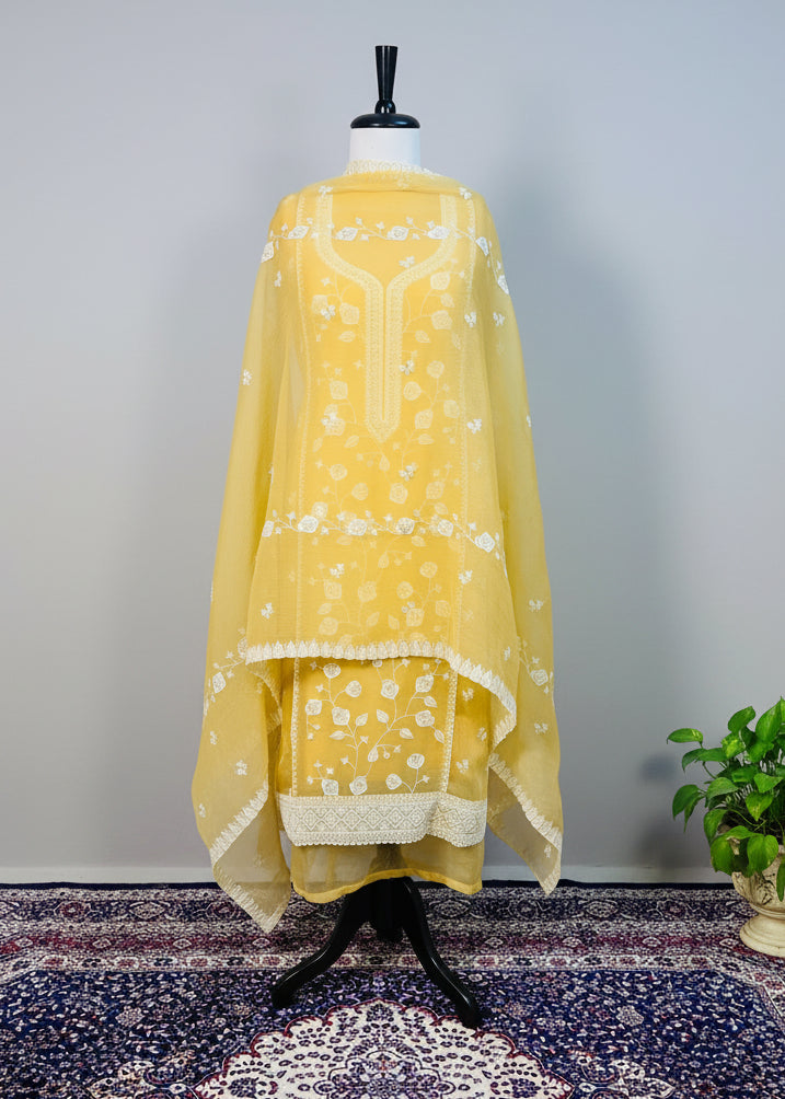 Yellow Chiffon Dress Material with Floral Thread & Sequin Work
