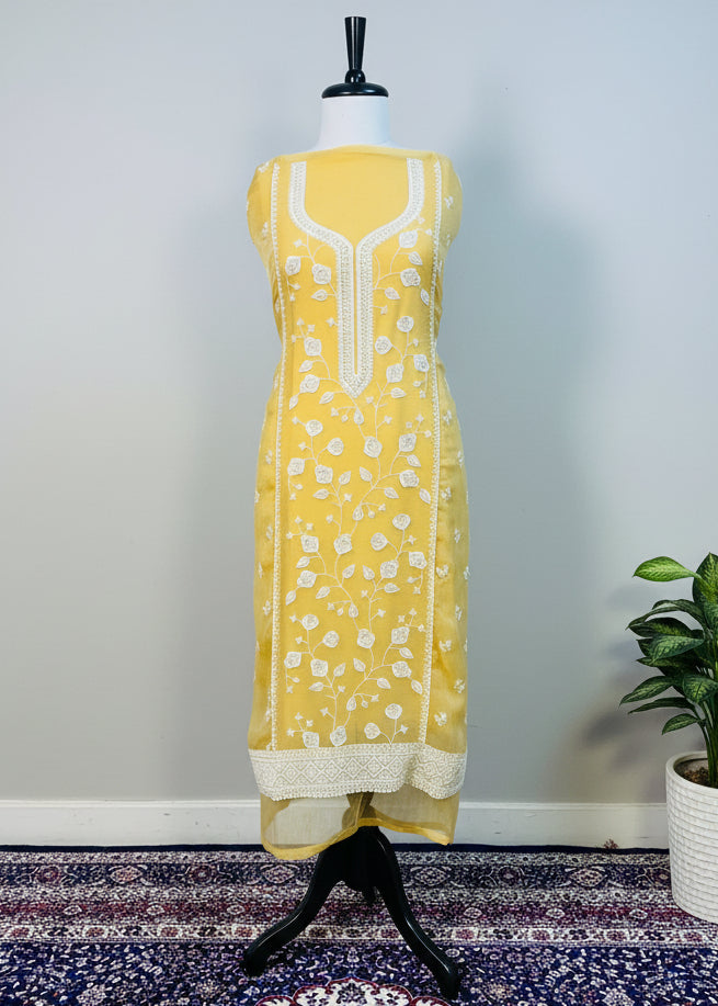 Yellow Chiffon Dress Material with Floral Thread & Sequin Work