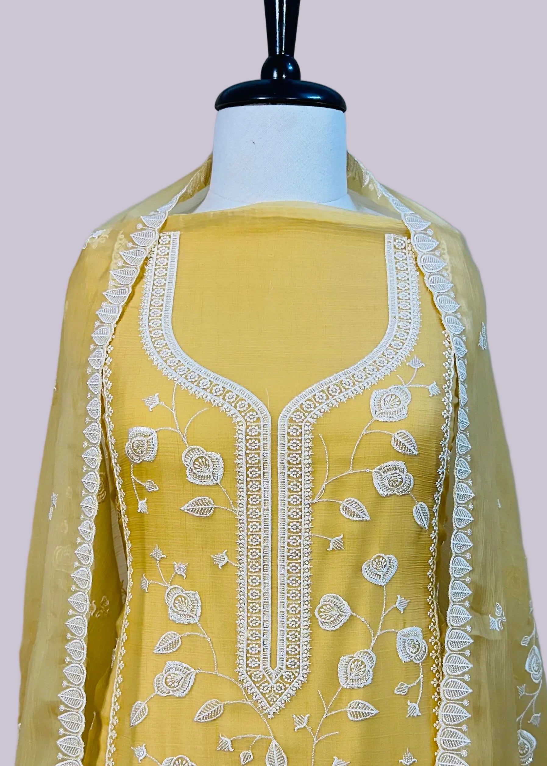 Yellow Chiffon Dress Material with Floral Thread & Sequin Work