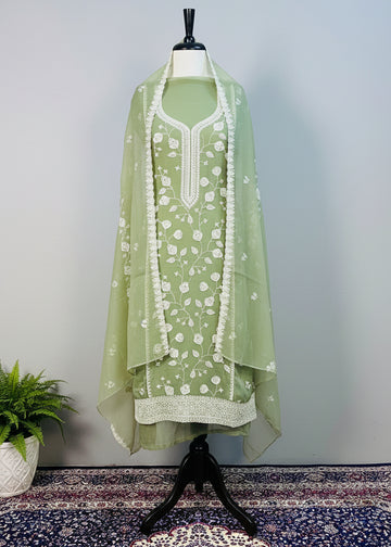 Green Chiffon Dress Material with Floral Thread & Sequin Work