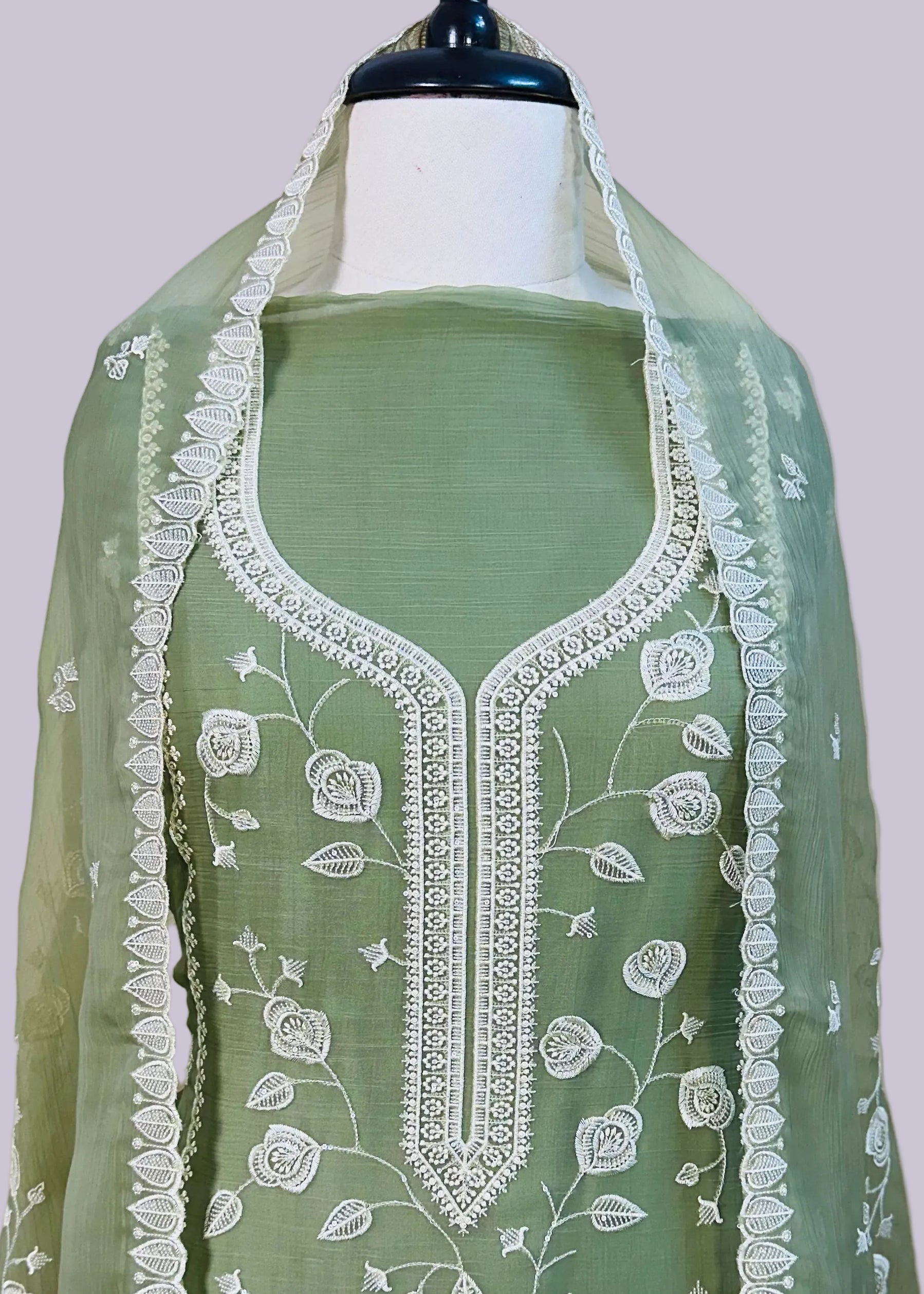 Green Chiffon Dress Material with Floral Thread & Sequin Work