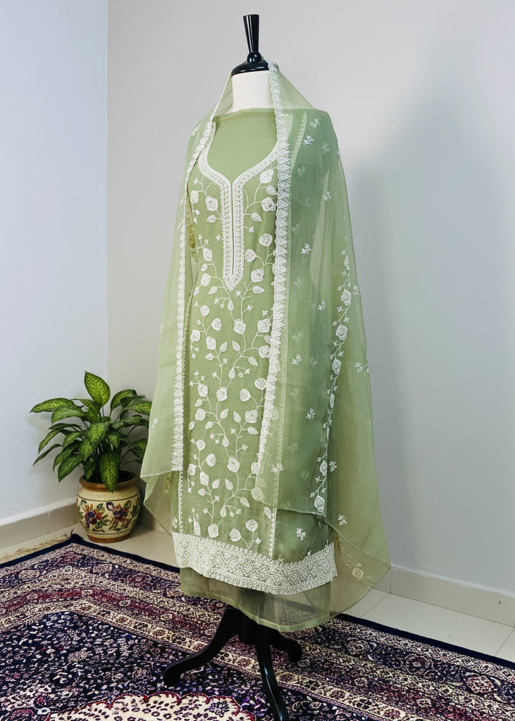 Green Chiffon Dress Material with Floral Thread & Sequin Work