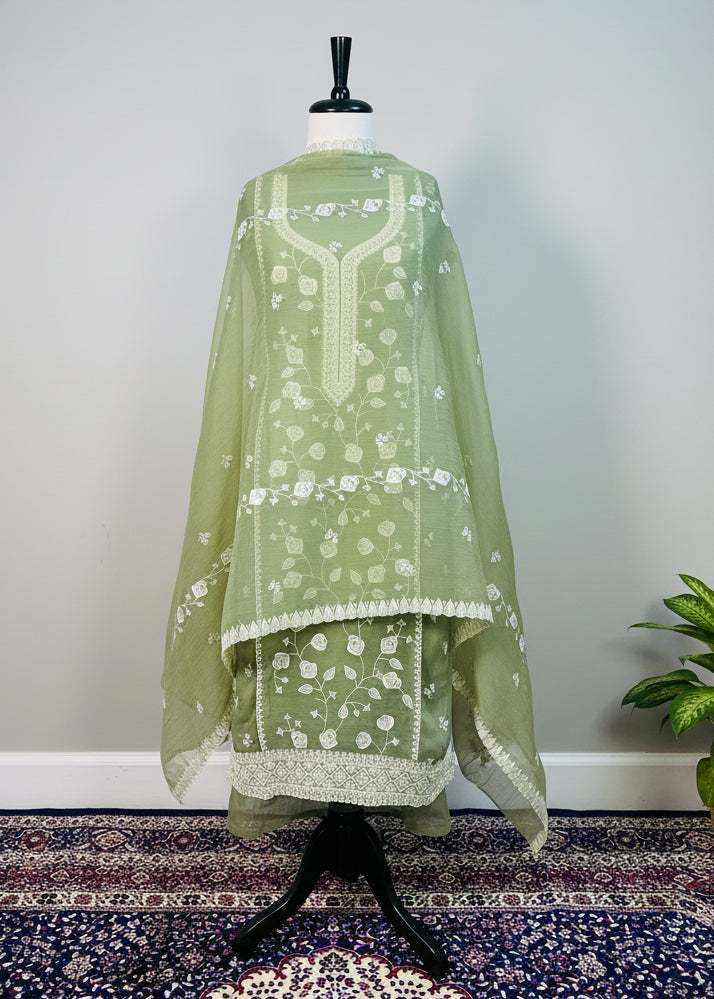 Green Chiffon Dress Material with Floral Thread & Sequin Work