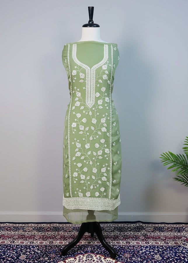 Green Chiffon Dress Material with Floral Thread & Sequin Work
