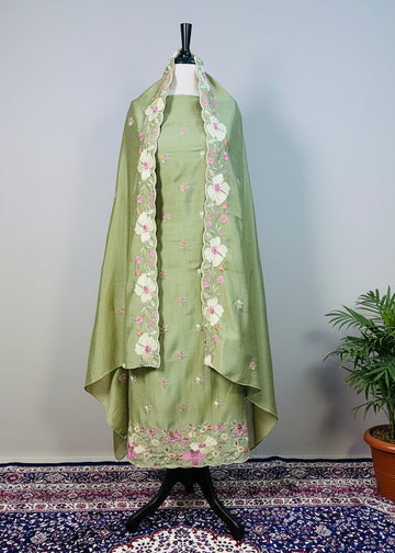 Green Semi-Crepe Dress Material with Floral Thread & Sequin Work