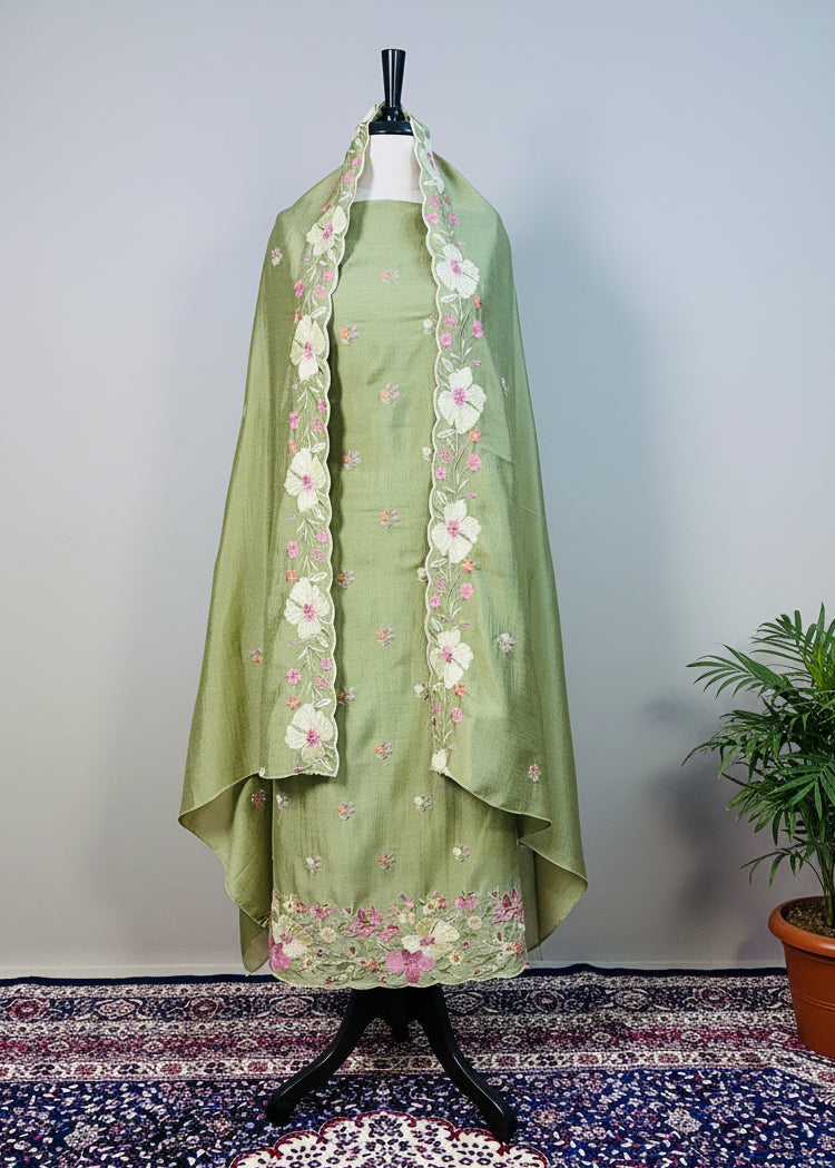 Green Semi-Crepe Dress Material with Floral Thread & Sequin Work
