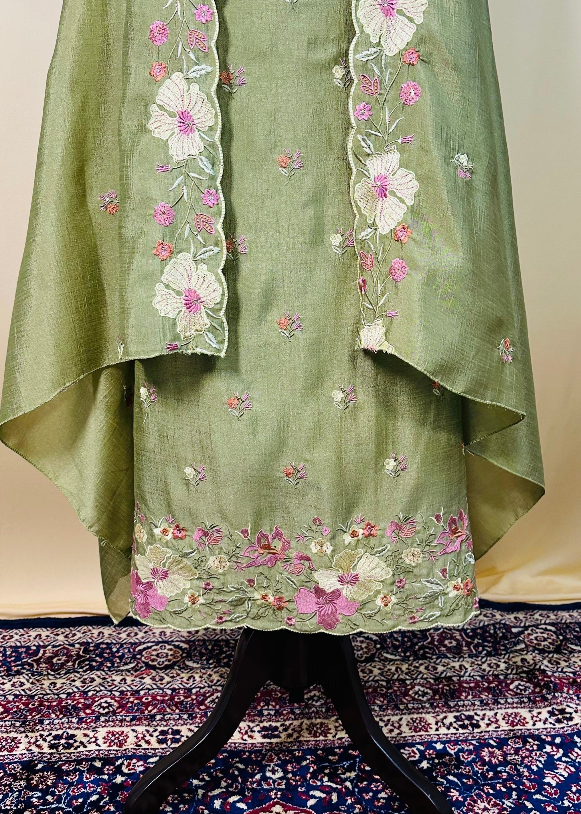 Green Semi-Crepe Dress Material with Floral Thread & Sequin Work