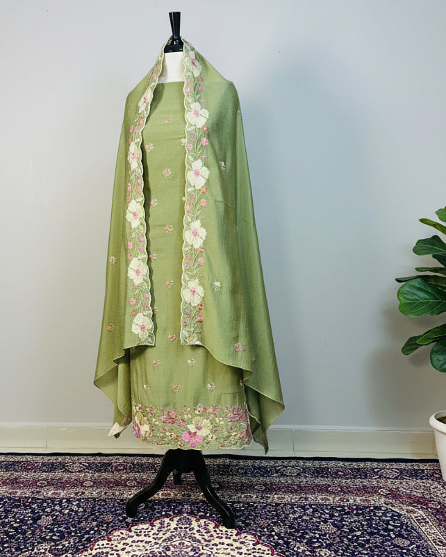 Green Semi-Crepe Dress Material with Floral Thread & Sequin Work