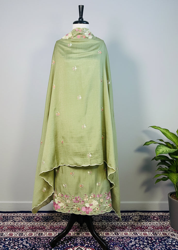 Green Semi-Crepe Dress Material with Floral Thread & Sequin Work