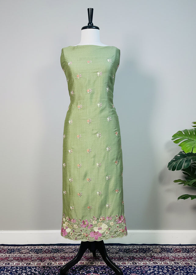 Green Semi-Crepe Dress Material with Floral Thread & Sequin Work
