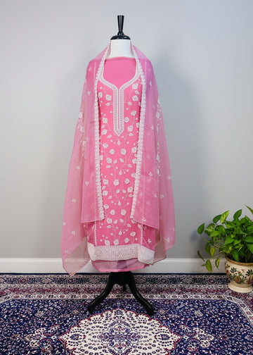 Red Chiffon Dress Material with Floral Thread & Sequin Work