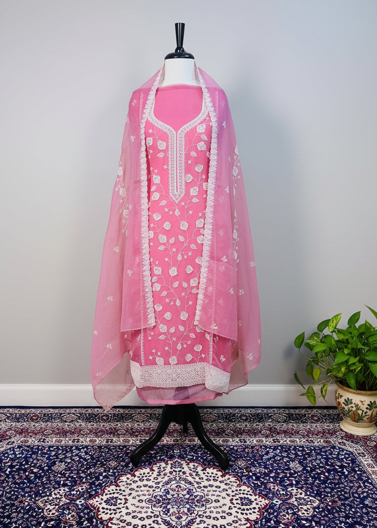 Red Chiffon Dress Material with Floral Thread & Sequin Work