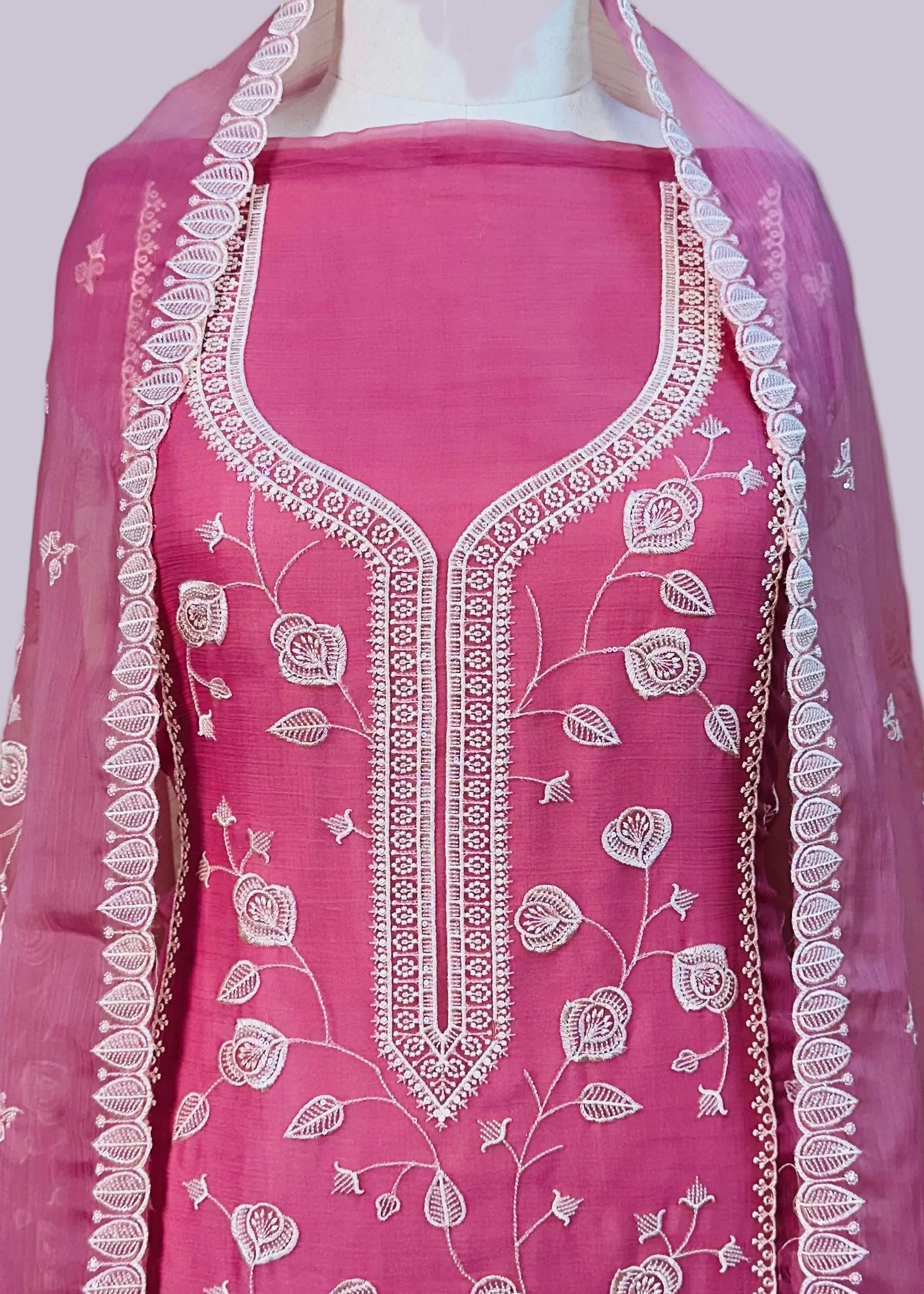 Red Chiffon Dress Material with Floral Thread & Sequin Work