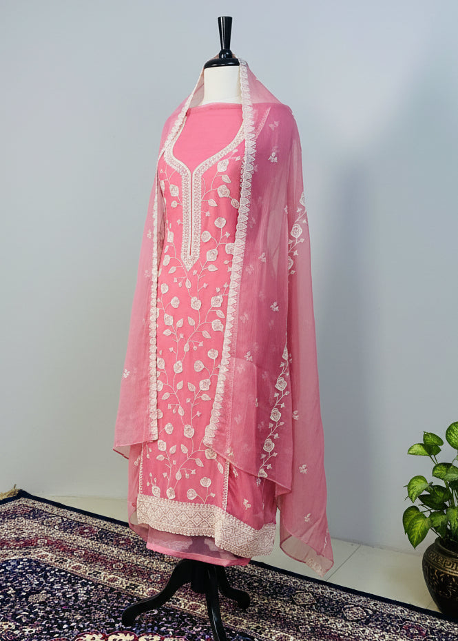 Red Chiffon Dress Material with Floral Thread & Sequin Work