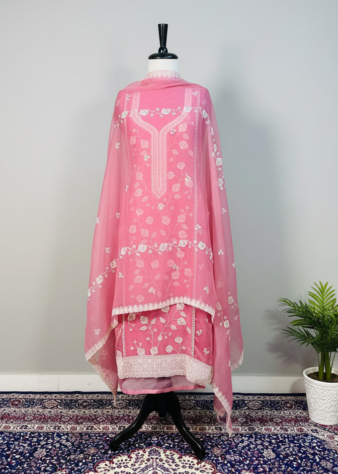 Red Chiffon Dress Material with Floral Thread & Sequin Work