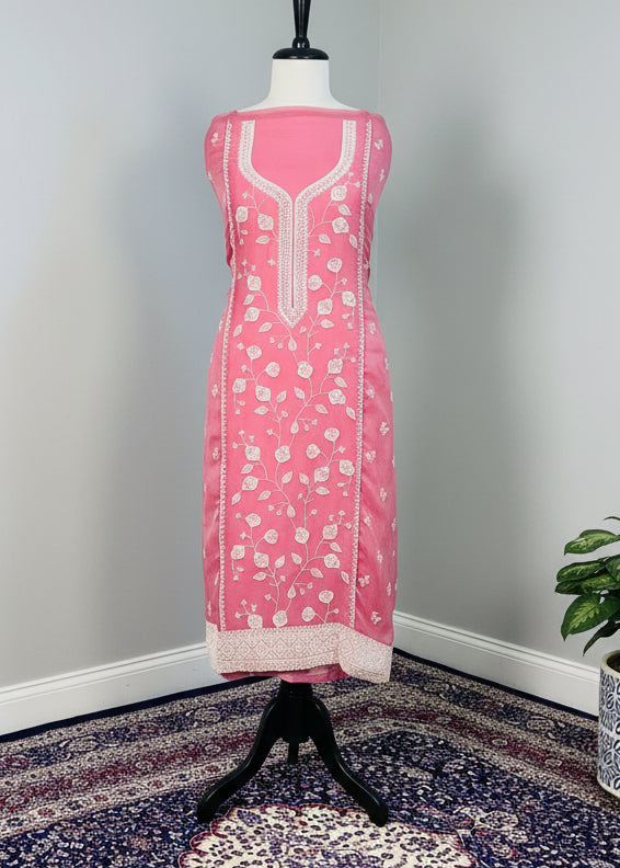 Red Chiffon Dress Material with Floral Thread & Sequin Work