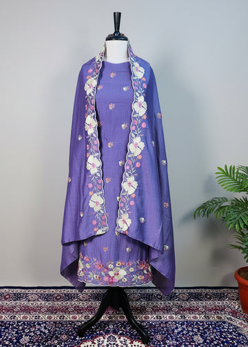 Purple Semi-Crepe Dress Material with Floral Thread & Sequin Work