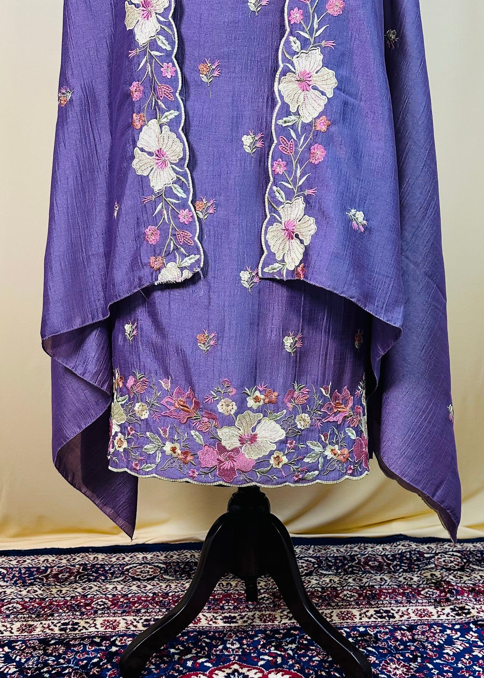Purple Semi-Crepe Dress Material with Floral Thread & Sequin Work