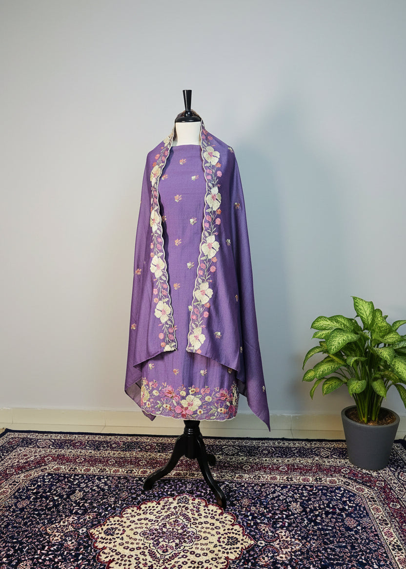 Purple Semi-Crepe Dress Material with Floral Thread & Sequin Work